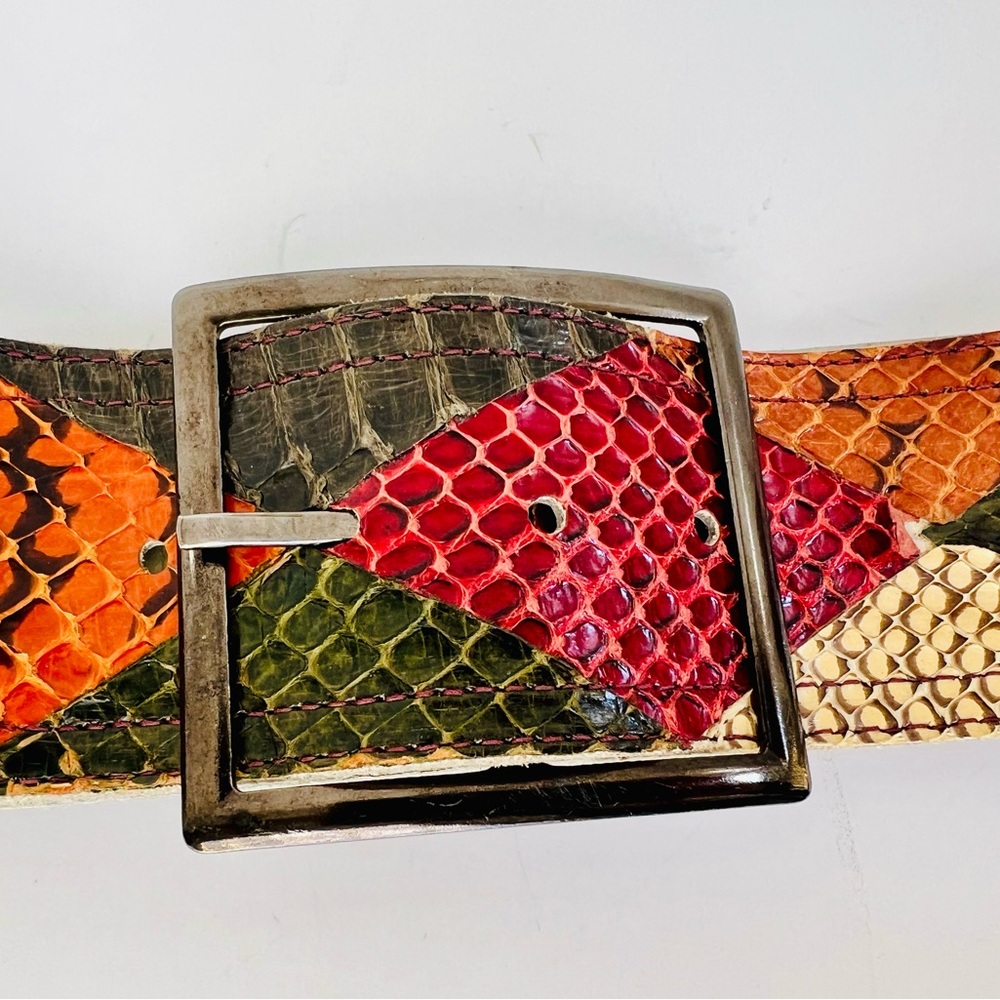 Vintage Yves Saint Laurent Multicolor Snakeskin Belt with Gunmetal Silver Buckle